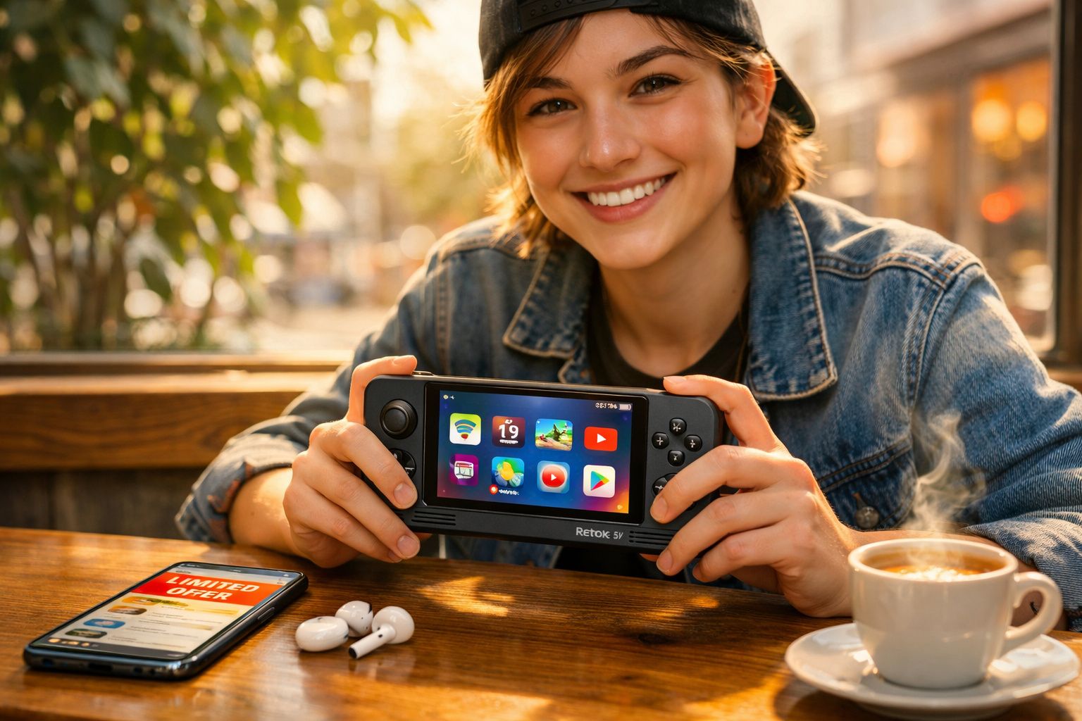 Pessoa sorridente segurando um console portátil Retok SV em uma mesa com café, fones e celular ao lado.