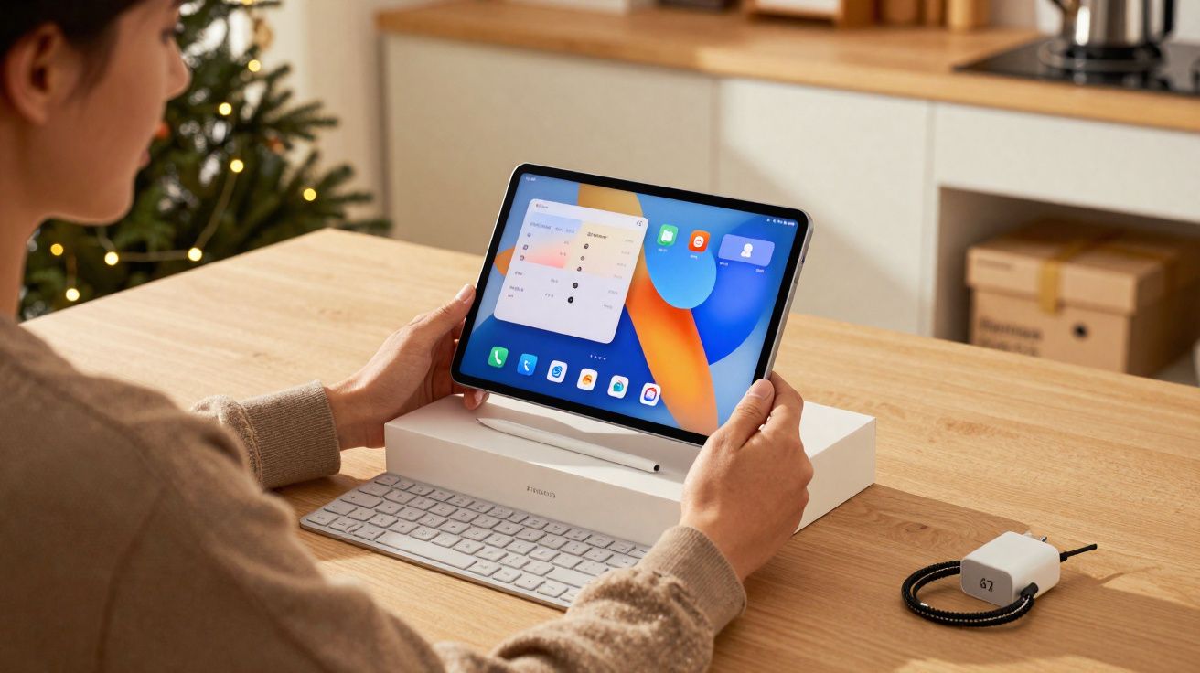 Pessoa segurando tablet novo sobre caixa branca em mesa de madeira com teclado e carregador próximo.