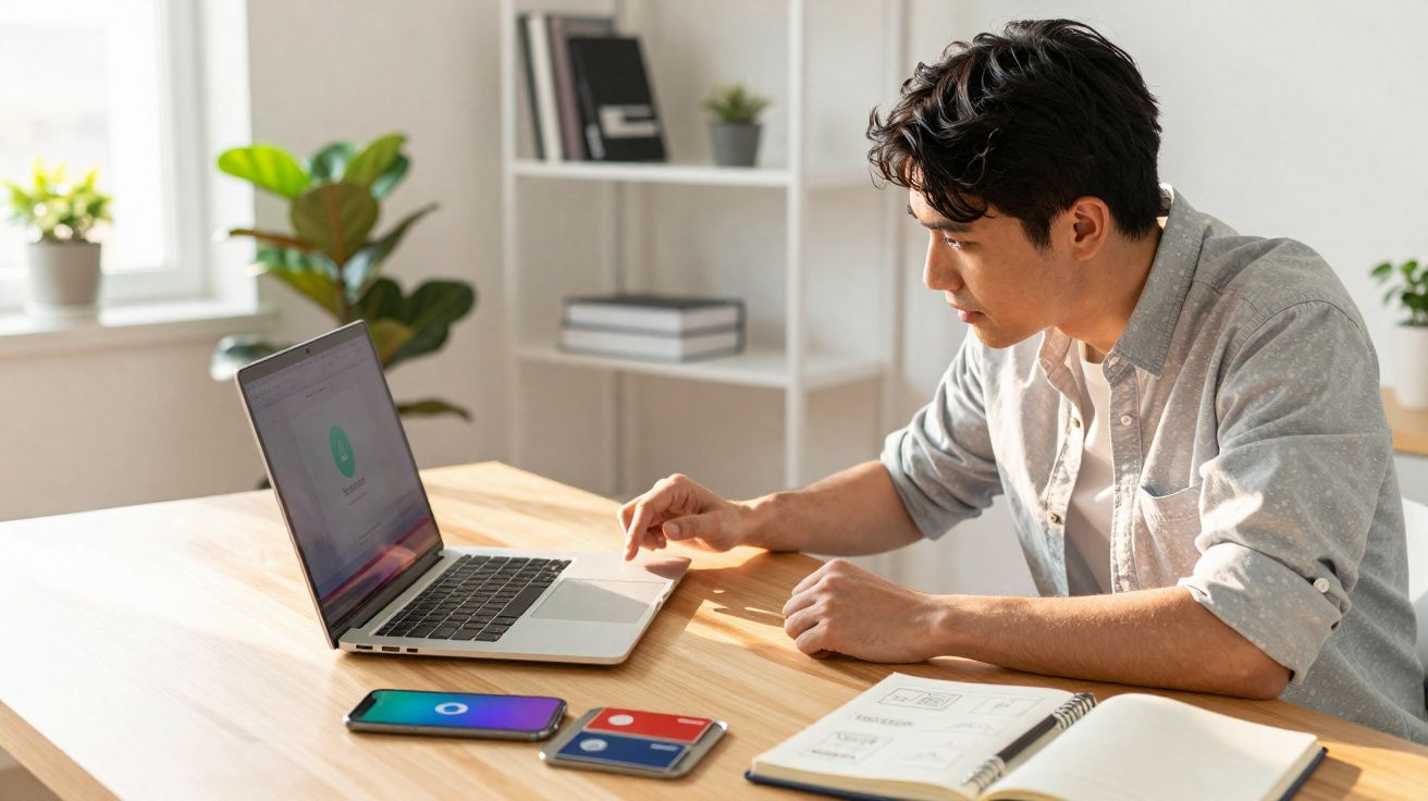 Homem jovem trabalhando em laptop com celular e caderno aberto em mesa de madeira iluminada por luz natural.