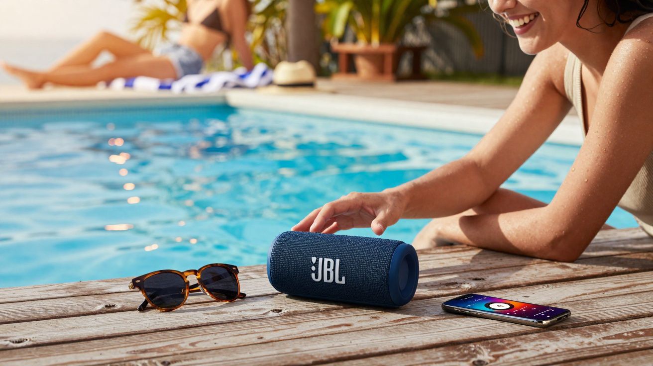 Mulher tocando caixa de som JBL azul ao lado de óculos e celular perto de piscina com outra pessoa ao fundo.