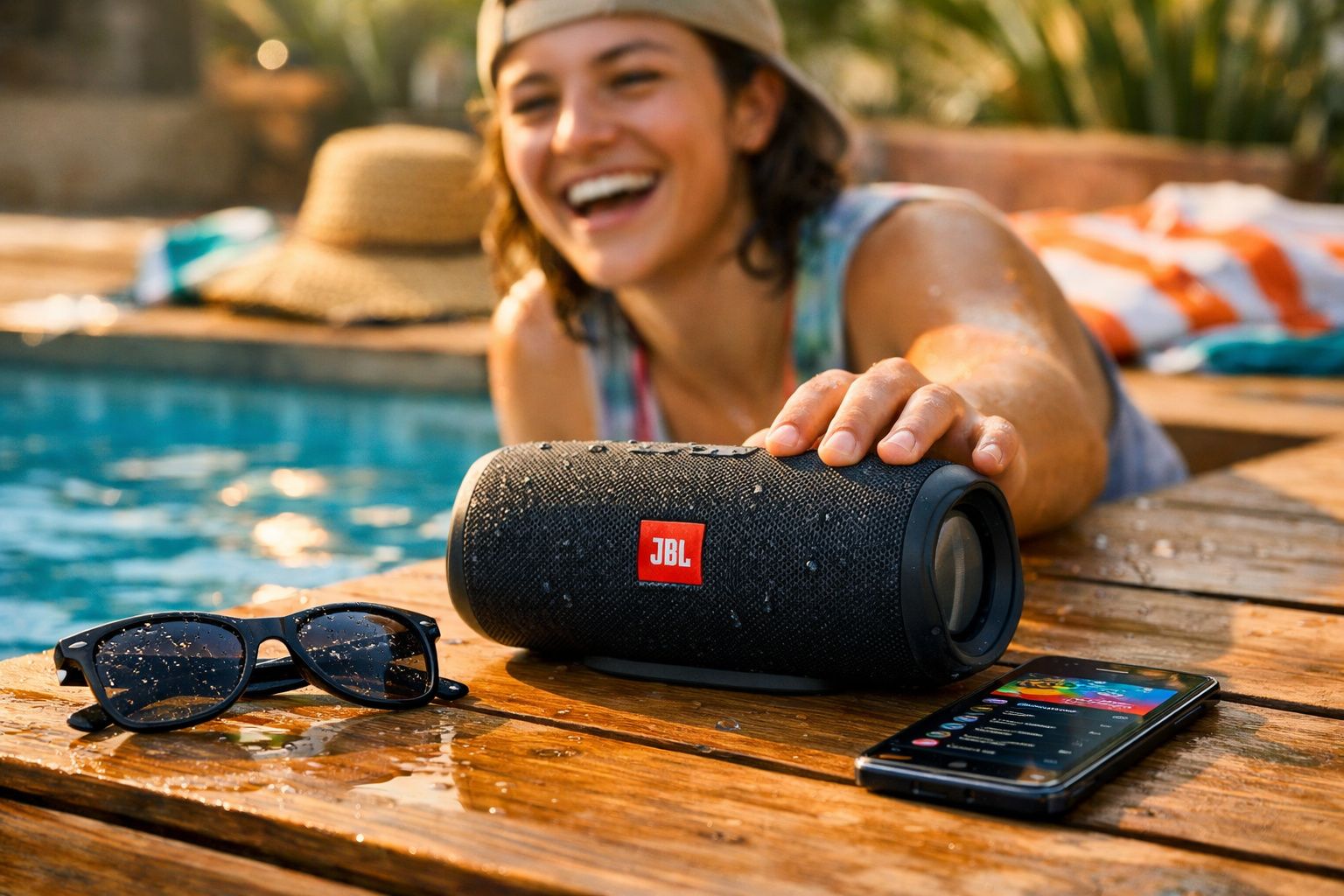 Pessoa sorridente segurando caixa de som JBL à beira de piscina com óculos escuros e celular ao lado molhados.