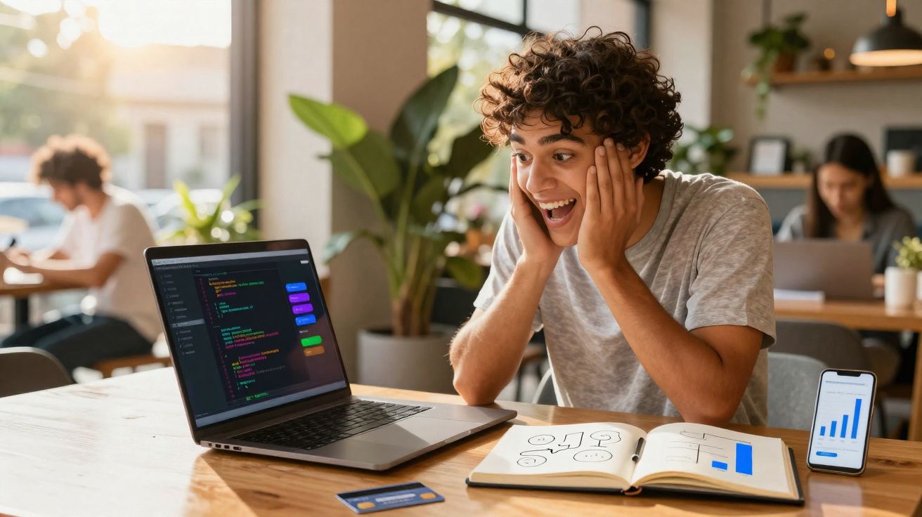 Jovem animado olhando para laptop com código, notebook aberto e smartphone com gráfico em mesa de escritório.