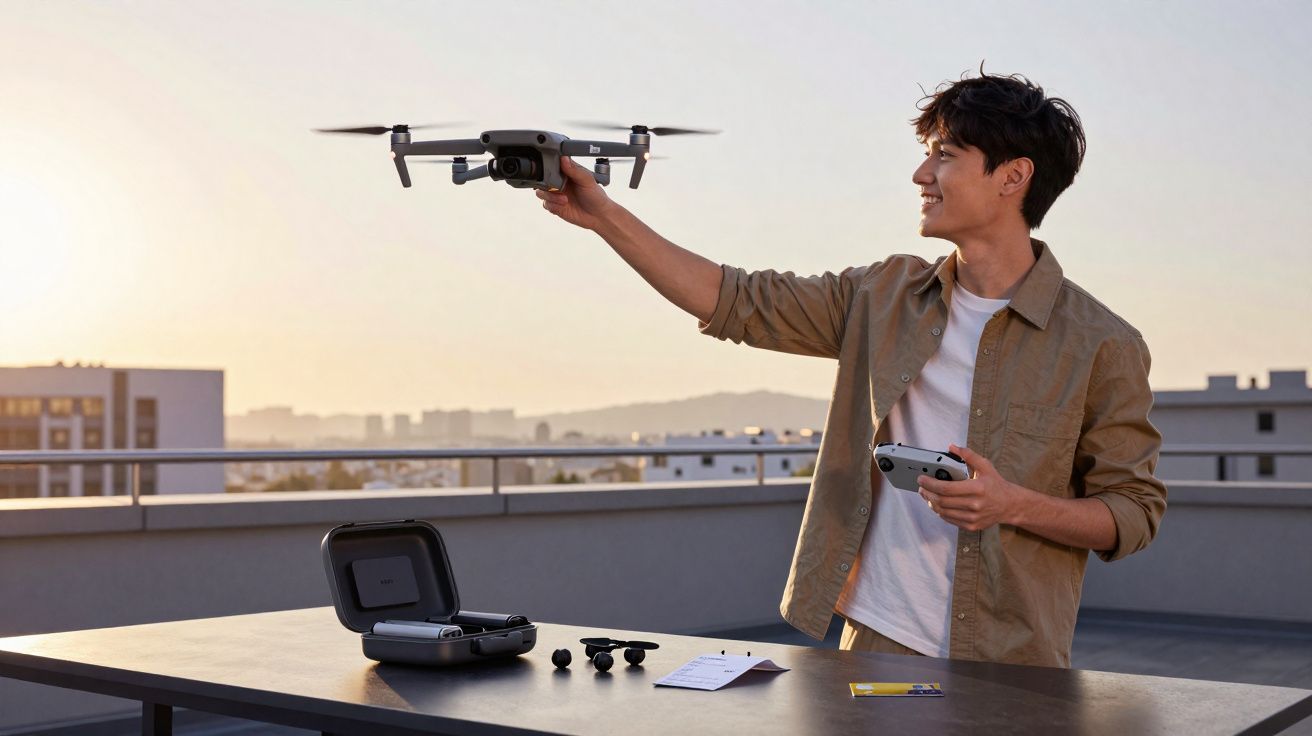 Homem segurando drone enquanto controla com controle remoto em varanda ao pôr do sol.