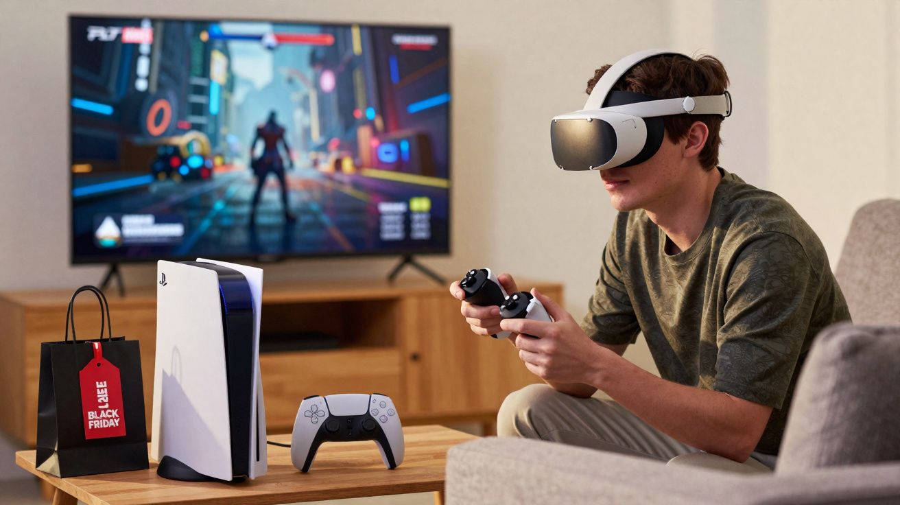 Jovem usando óculos de realidade virtual jogando videogame em sala com console e TV ao fundo.