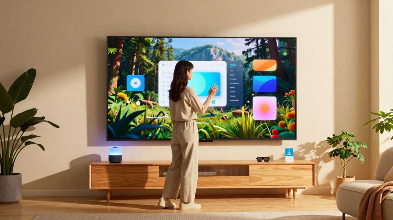 Mulher interagindo com tela sensível ao toque grande mostrando cenário natural e ícones digitais em sala moderna.