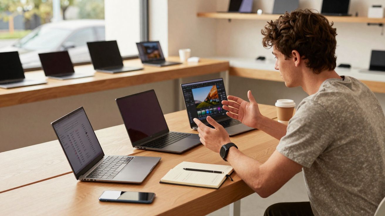 Homem sentado em mesa com três laptops, caderno, celular e copo de café em ambiente moderno de trabalho.