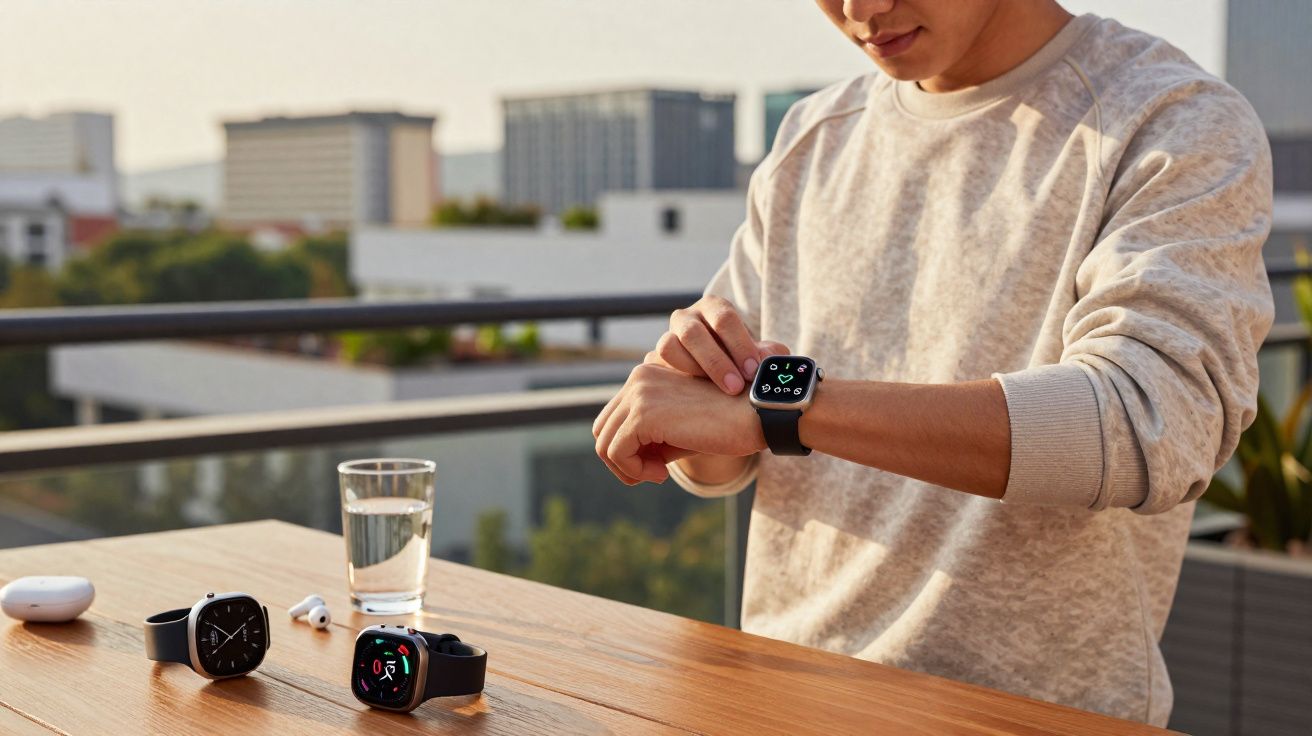 Pessoa ajustando relógio inteligente preto, com outros dois relógios e um copo d'água sobre mesa de madeira.