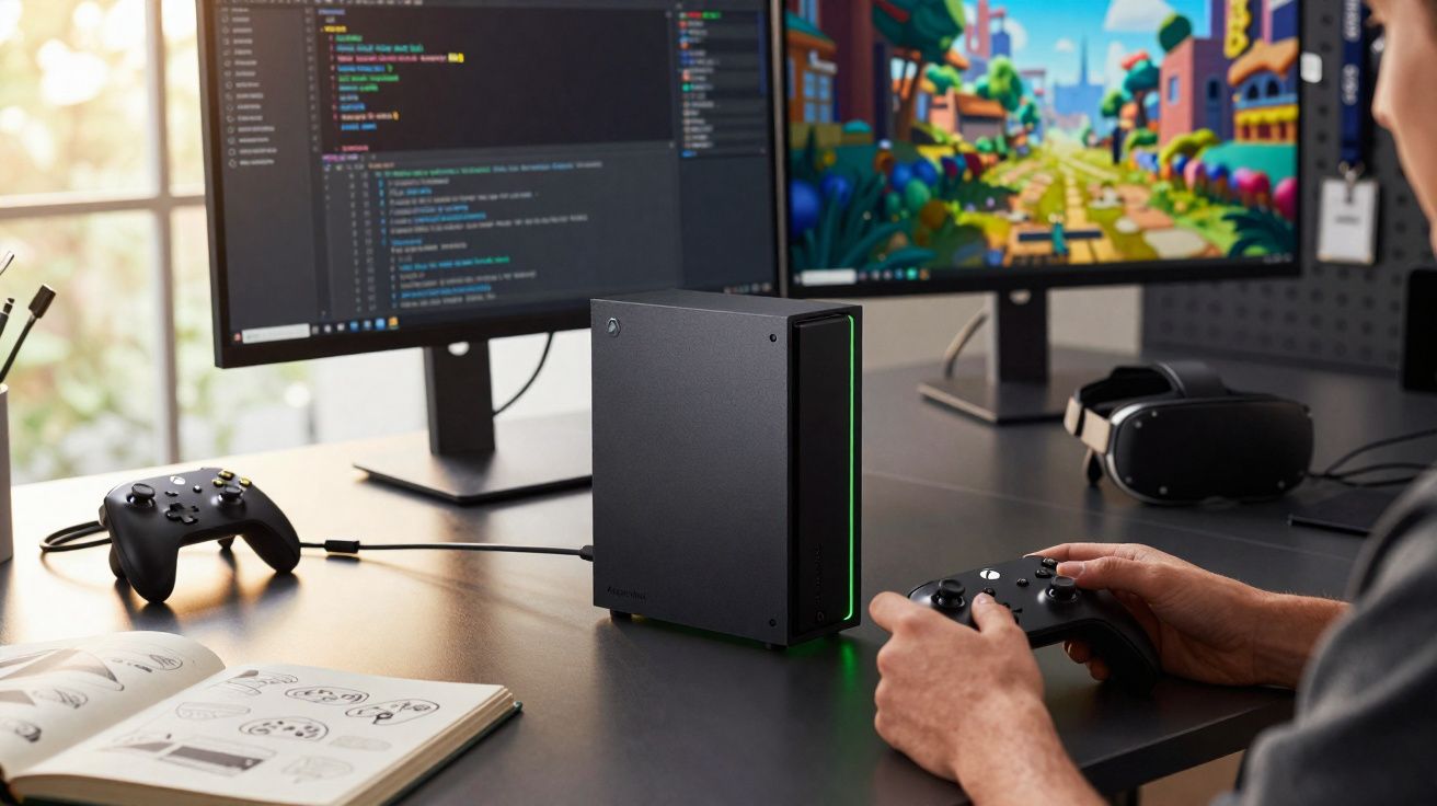 Mesa com console Xbox Series S, dois monitores, controles e livro de instruções em ambiente iluminado.