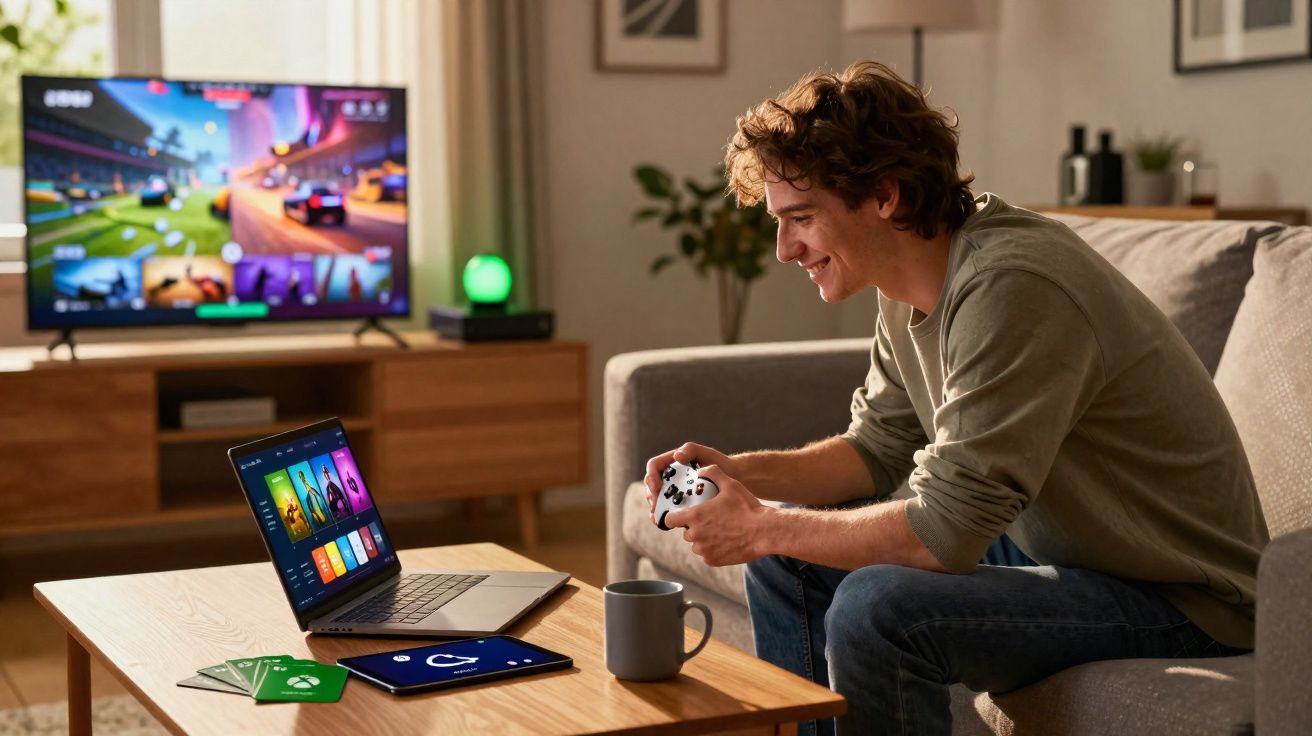 Jovem sorridente jogando videogame com controle em mãos em sala de estar aconchegante.