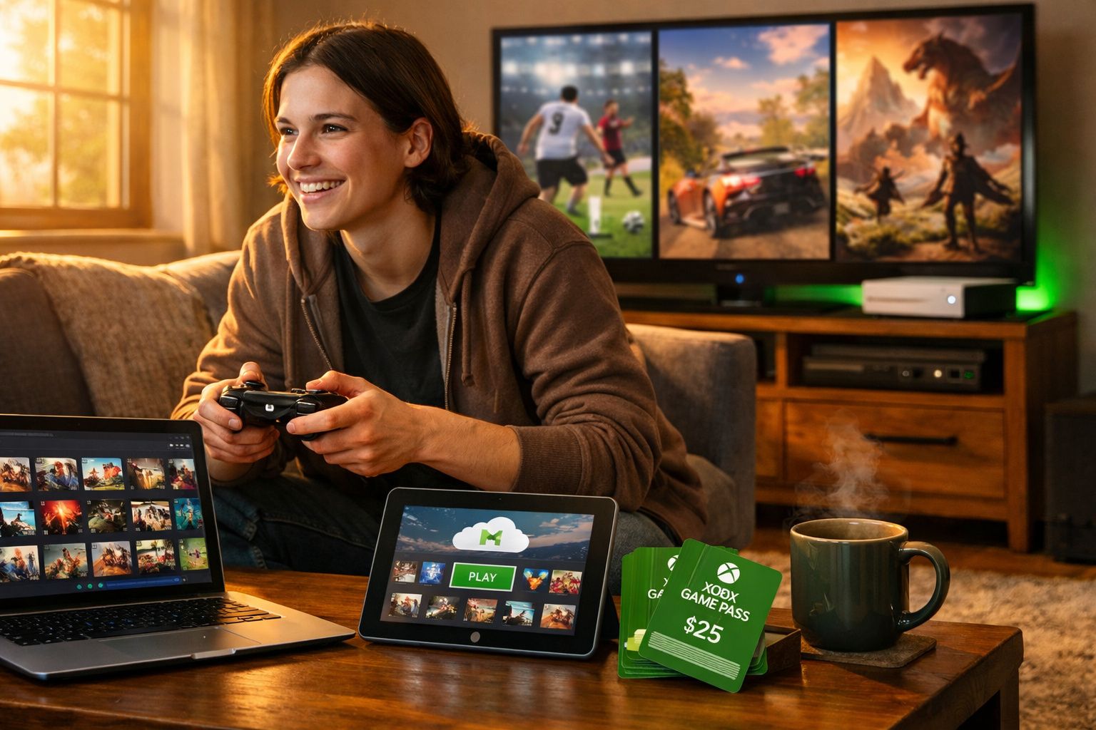 Mulher sorridente jogando videogame no sofá com controles, laptop, tablet e cartões Xbox Game Pass ao redor.