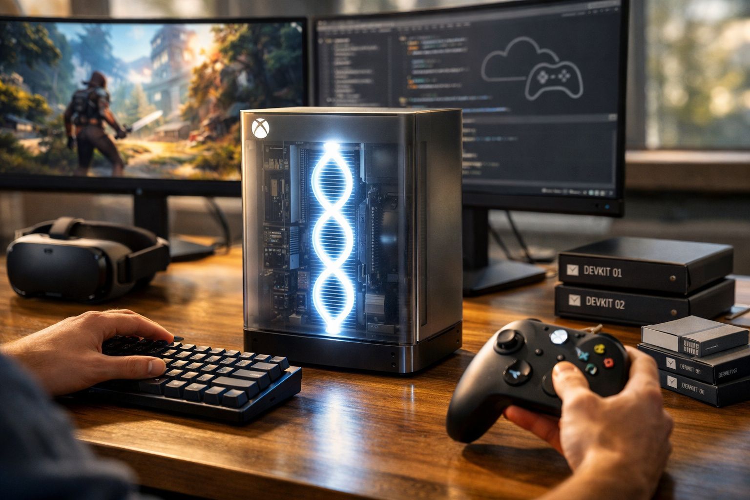 Computador Xbox transparente com imagem de DNA em luz azul, teclado, controle, óculos VR e monitores em mesa.