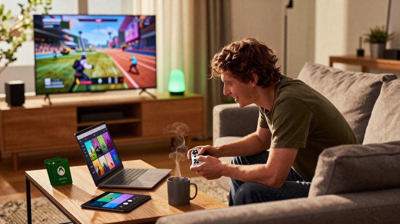 Jovem sentado no sofá jogando com controle, vendo TV, laptop e tablet na mesa com caneca de café.