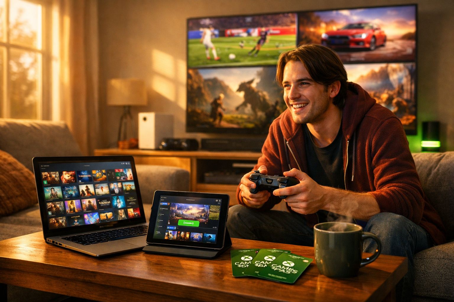 Jovem sorrindo joga videogame com controle, tablet, notebook e TV com jogos ao fundo em sala aconchegante.