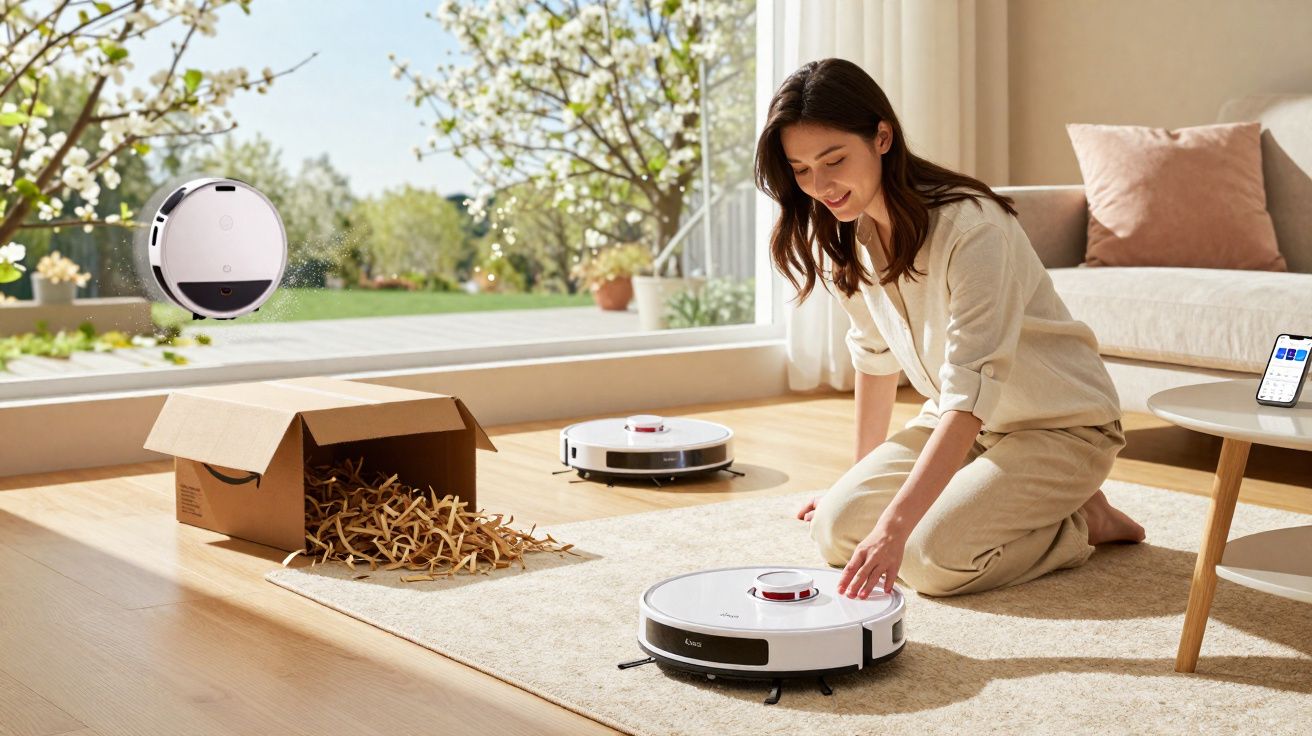 Mulher sentada no chão manuseando aspirador robô branco em sala clara com janela para jardim.