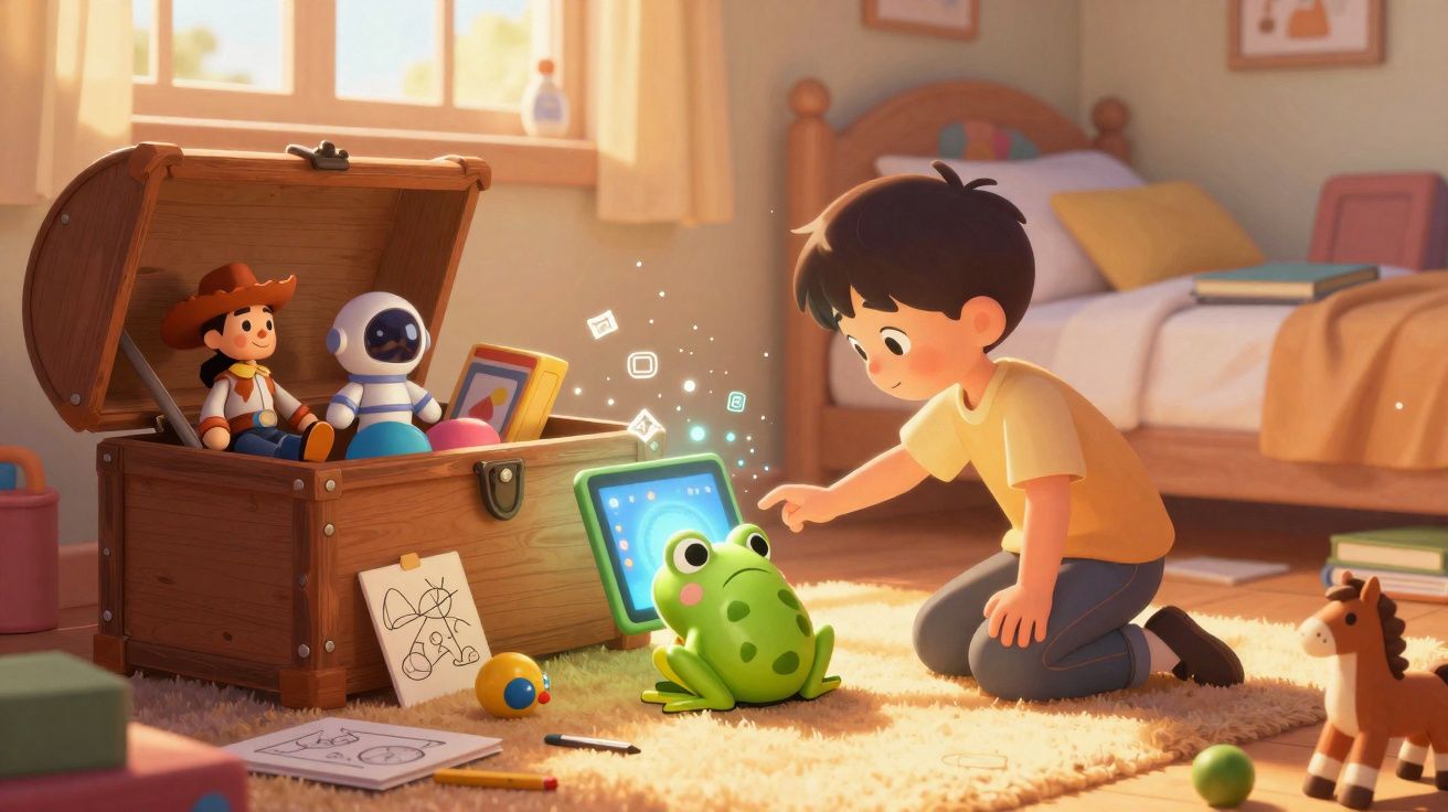Criança brincando com brinquedo de sapo tecnológico no quarto iluminado, próximo a baú com brinquedos.