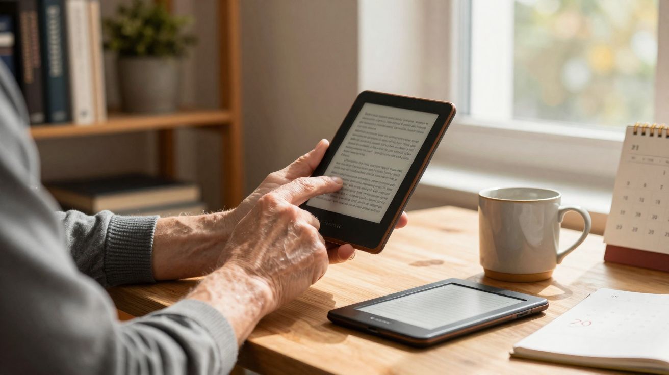 Pessoa idosa lendo e interagindo com leitor de e-books em mesa com caneca, outro e-reader, calendário e agenda.