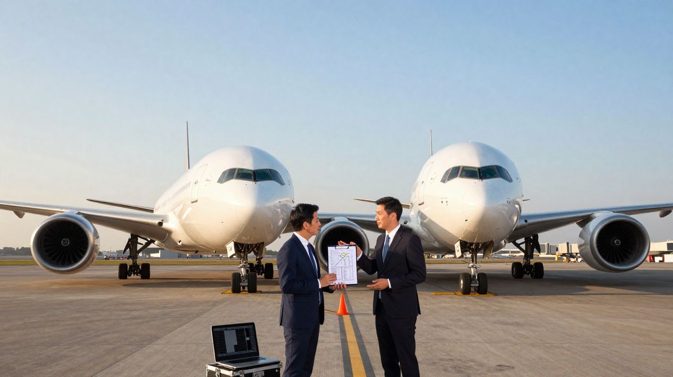 Dois homens de terno discutem documento na pista com dois aviões brancos estacionados ao fundo.