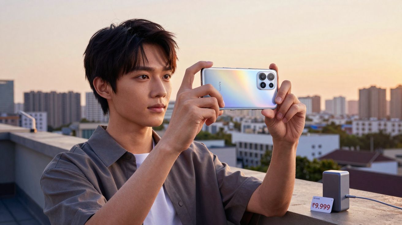 Jovem segurando smartphone prateado em área externa durante pôr do sol com prédios ao fundo.