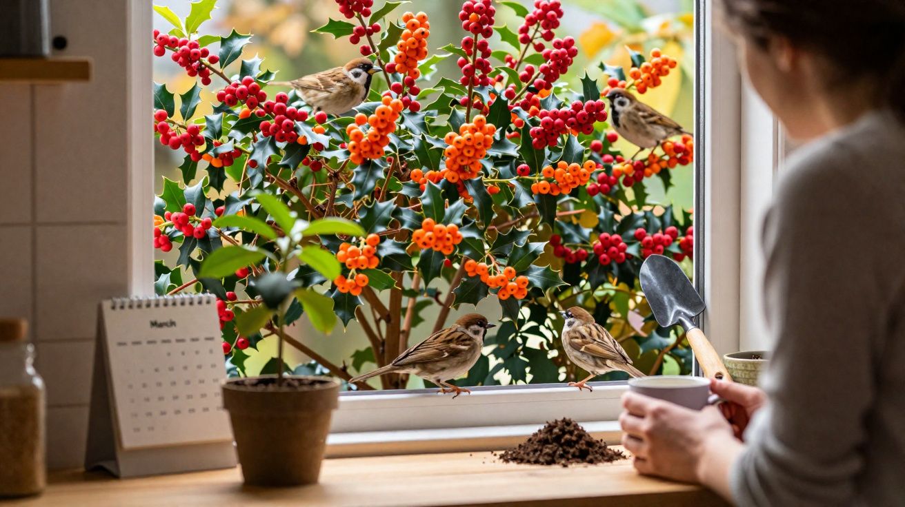 Pássaros pousados em janela próxima a plantas com frutos vermelhos e laranjas, mulher segurando xícara e pá de jardinagem.