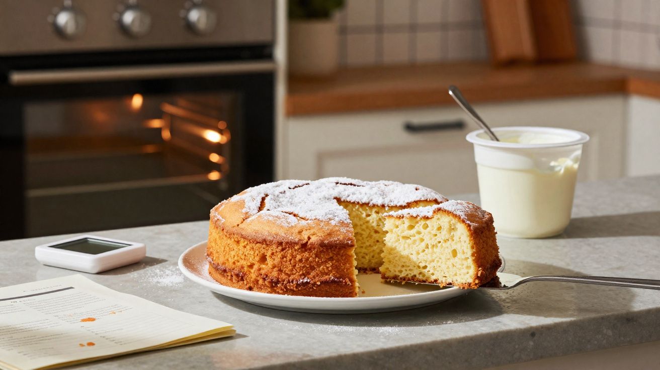 Bolo amarelo com açúcar de confeiteiro, uma fatia sendo servida, iogurte e livro na bancada da cozinha.