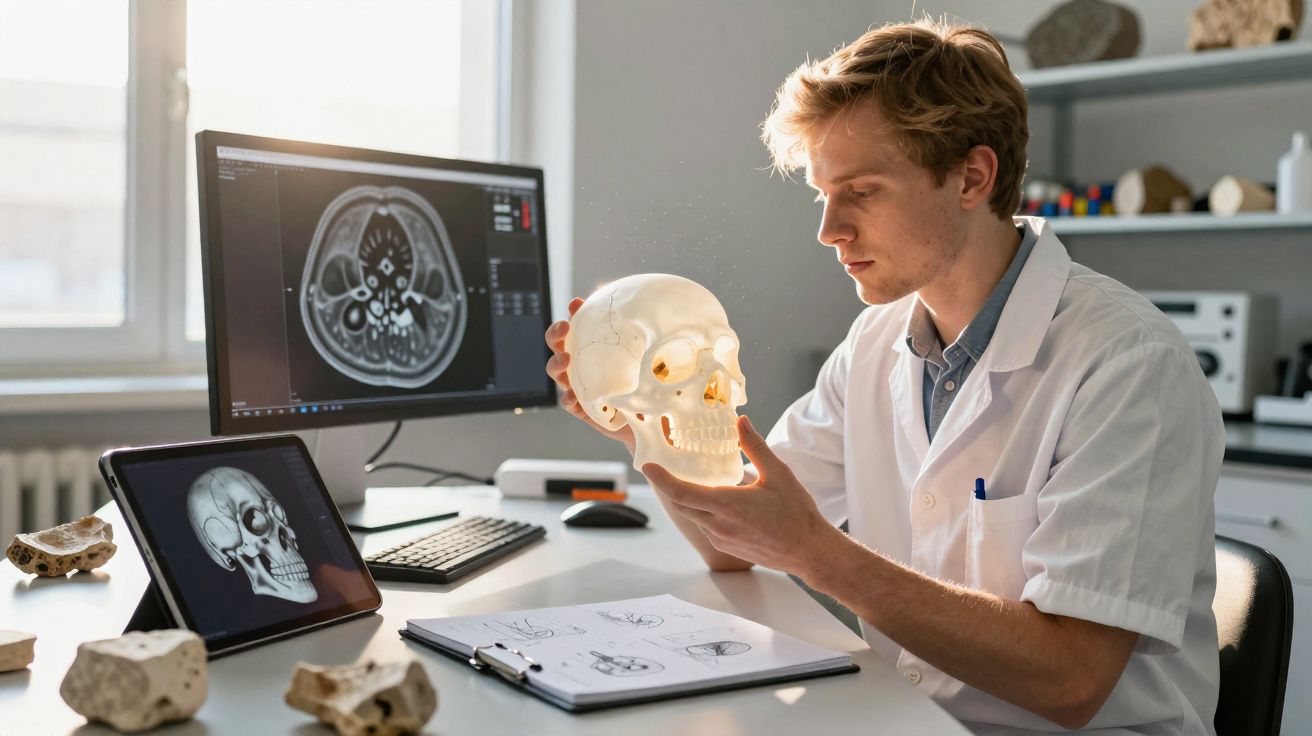 Homem em jaleco branco analisa modelo de crânio humano em escritório com imagens médicas no computador e tablet.