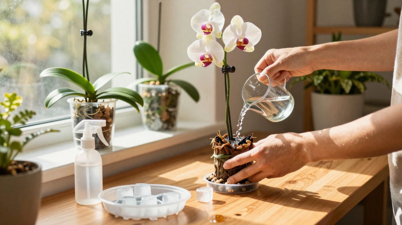 Pessoa regando orquídea branca com copo de vidro perto de janela em mesa de madeira clara.