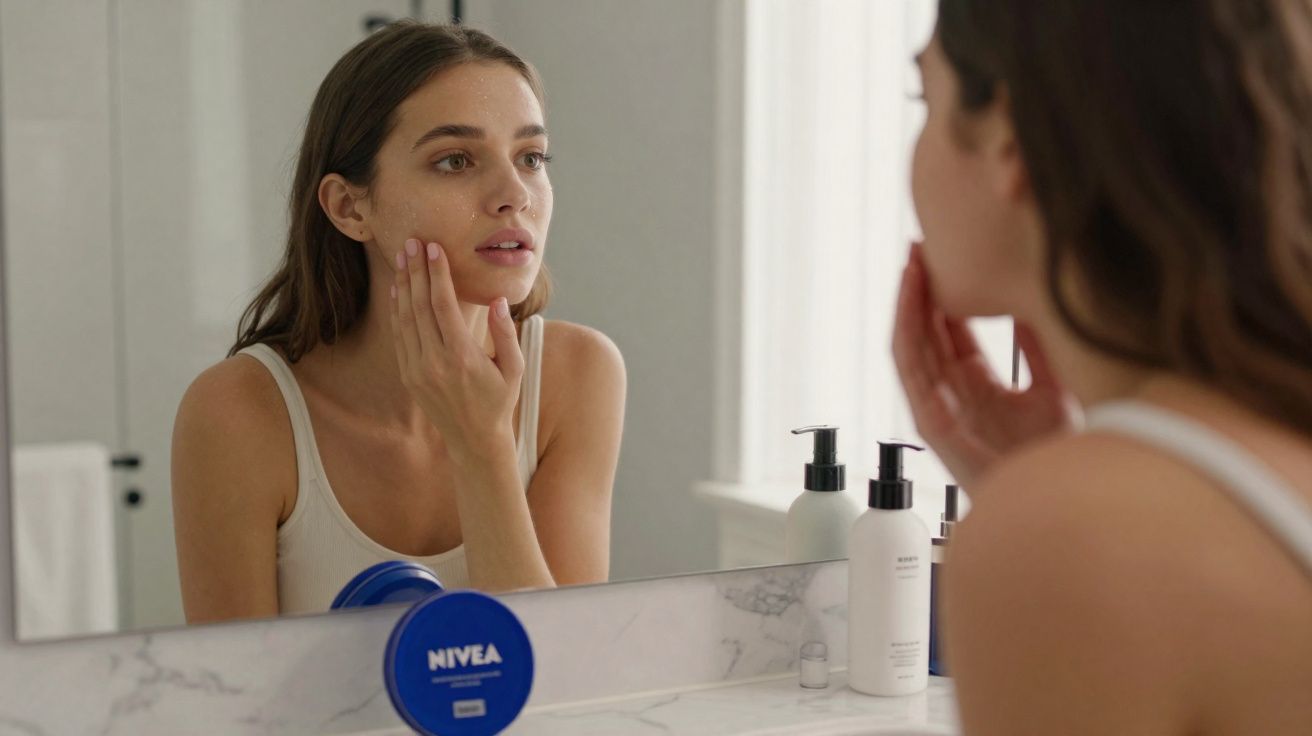 Mulher jovem observando a pele do rosto no espelho do banheiro, com potes de creme na bancada.