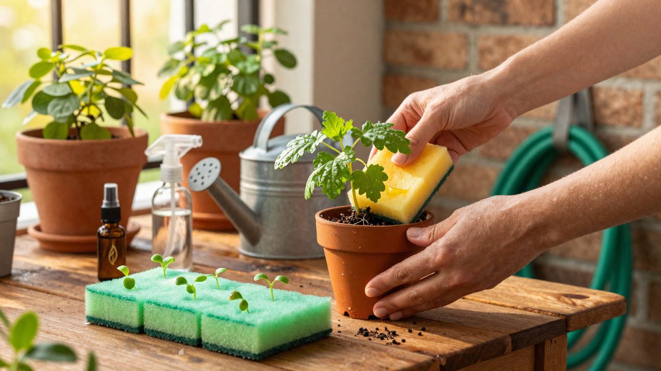 Pessoa limpando vaso de planta com esponja em ambiente interno com mudas e regador.