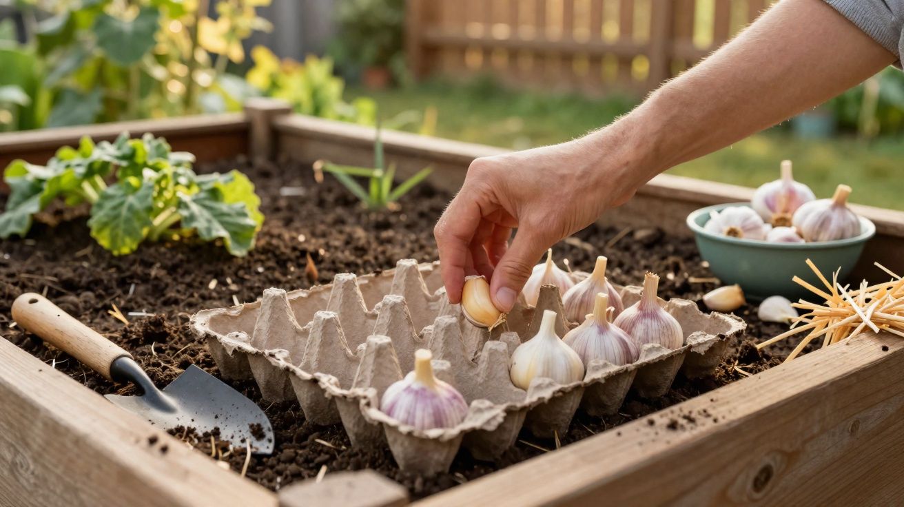 Pessoa plantando dentes de alho em caixa de papelão dentro de canteiro de madeira no jardim.