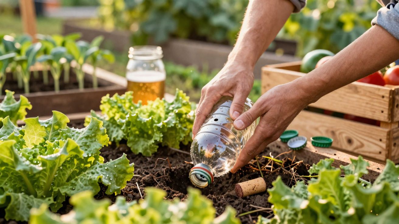 Pessoa regando muda com garrafa plástica em horta caseira com alfaces em canteiros de madeira.