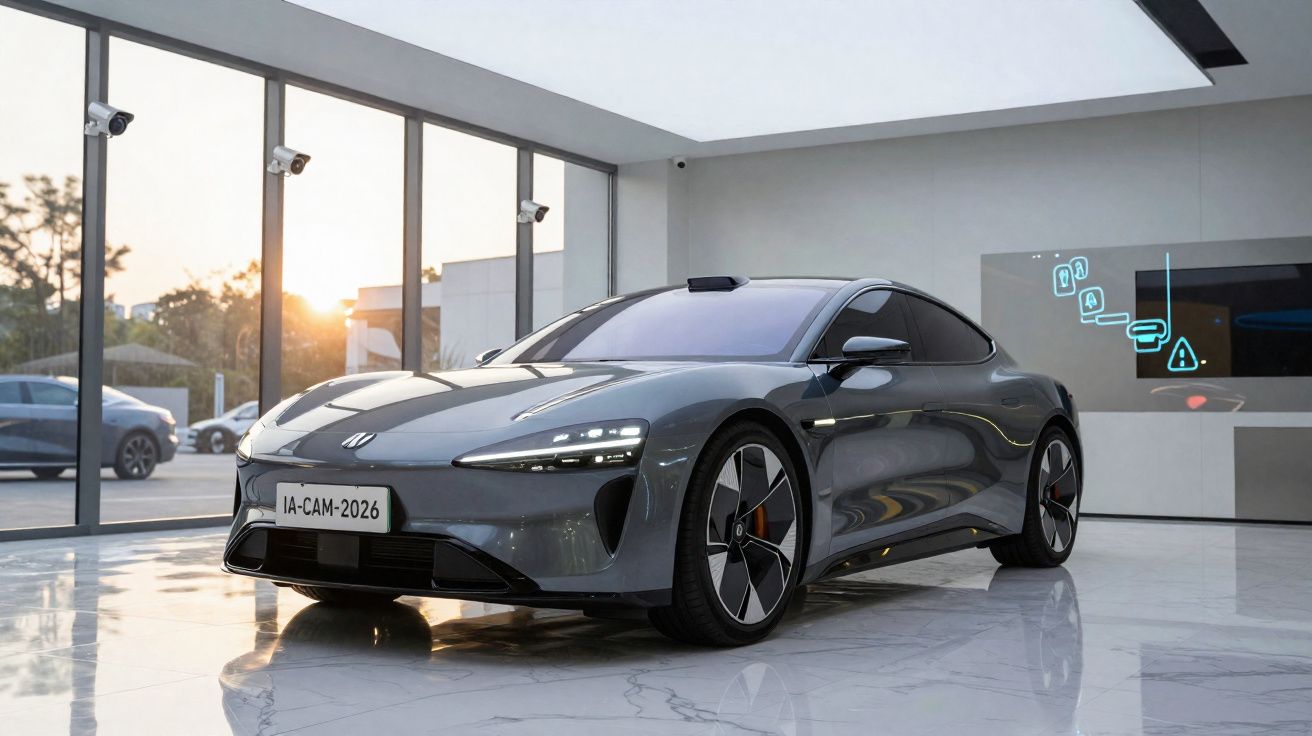 Carro elétrico esportivo cinza estacionado em showroom moderno com luz natural entrando pelas janelas.