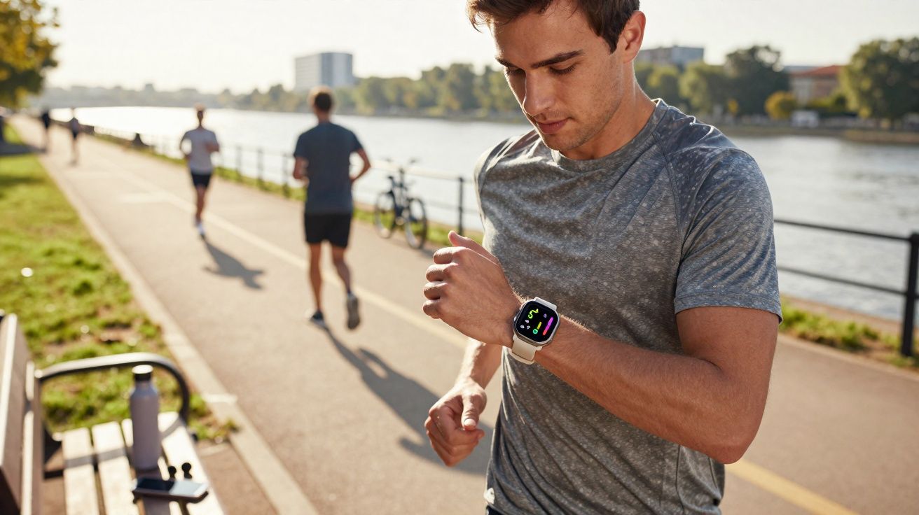 Homem correndo em calçada próxima a rio, conferindo dados no relógio inteligente no pulso.
