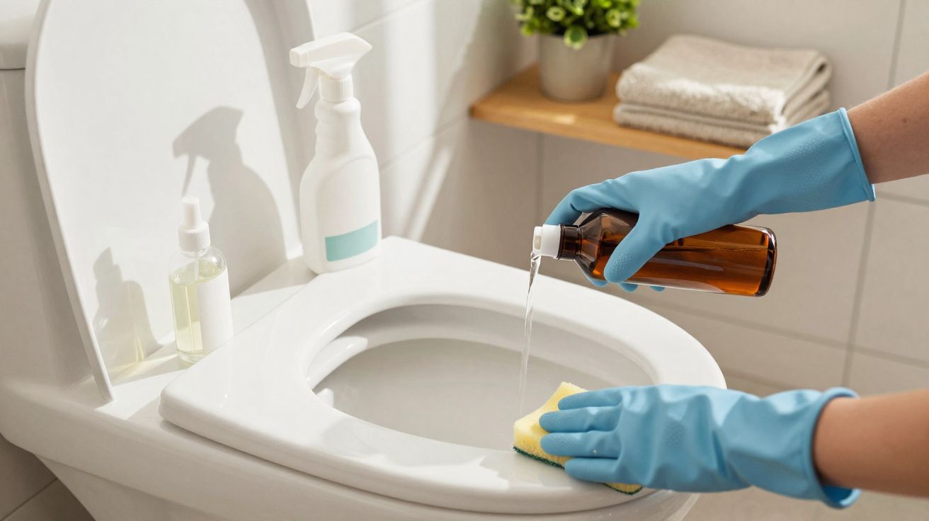 Pessoa com luvas azuis limpando privada com esponja e limpador em frasco marrom em banheiro.