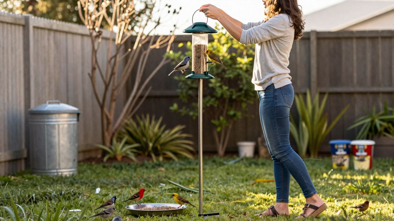 Mulher alimenta pássaros em comedouro de jardim cercado por plantas e cerca de madeira.