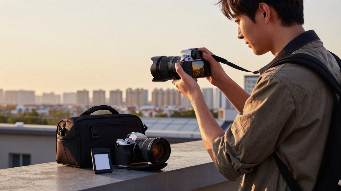 Jovem fotografando com câmera digital em área externa ao pôr do sol, equipamentos sobre mureta.