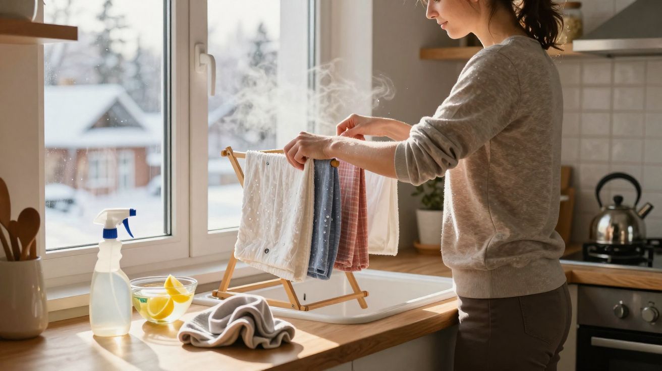 Mulher secando panos de prato em suporte de madeira na cozinha iluminada pela janela.