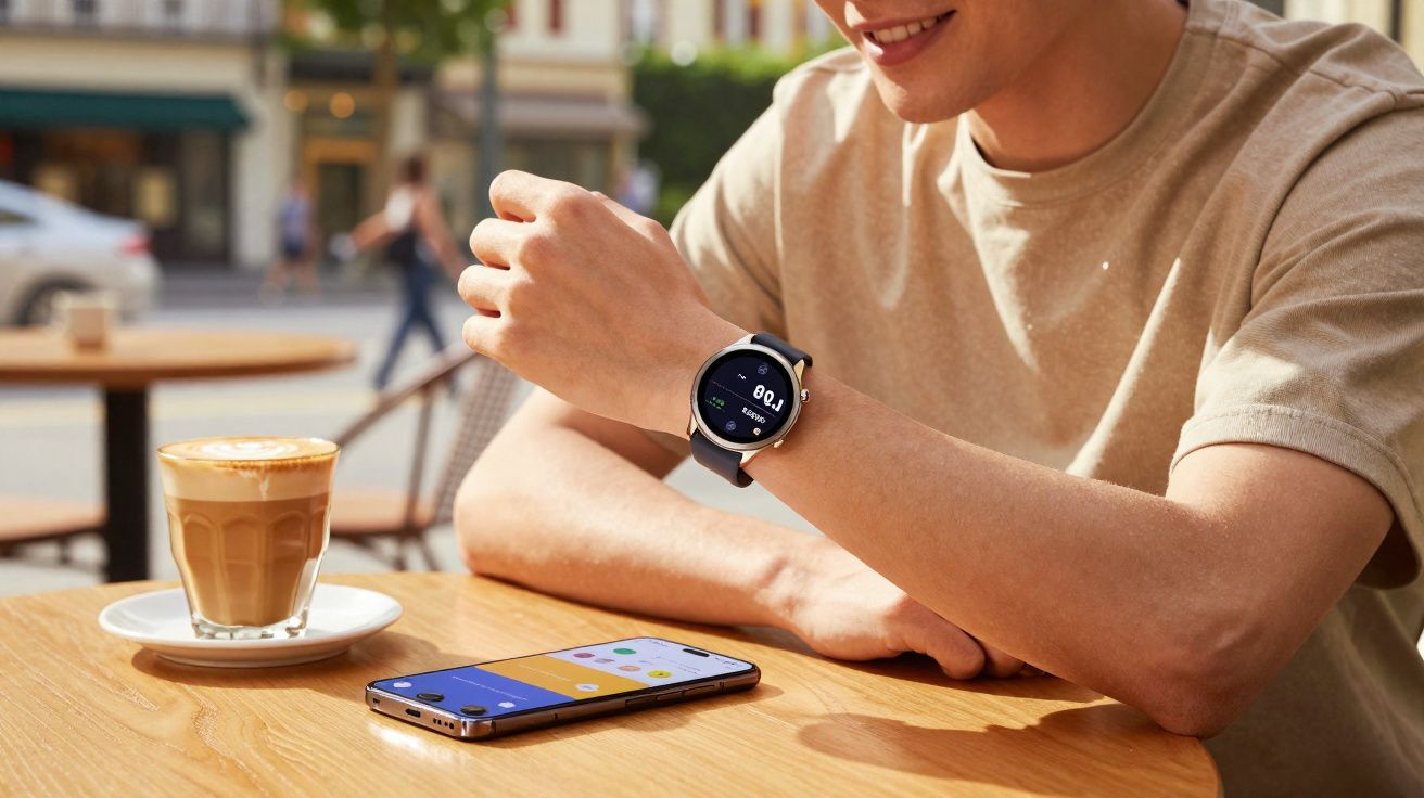 Pessoa usando relógio inteligente e smartphone na mesa de café com bebida ao lado.