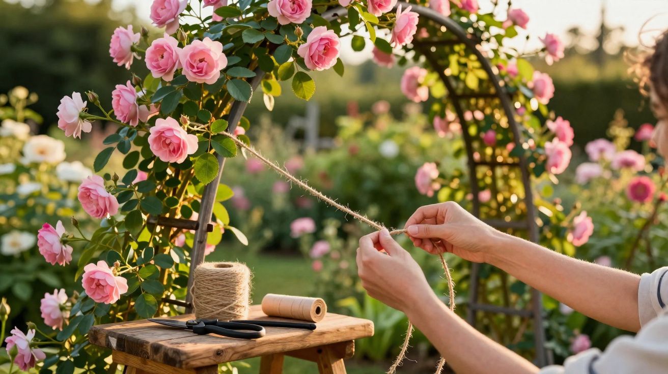 Pessoa amarrando corda em estrutura com flores rosas em jardim ao entardecer.