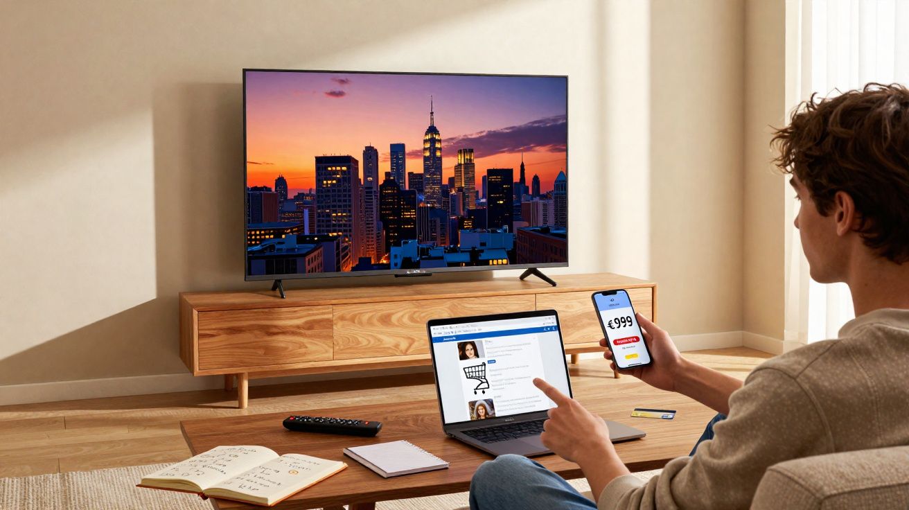 Homem sentado em sala moderna faz compras online no celular e laptop, com TV e caderno na mesa à sua frente.