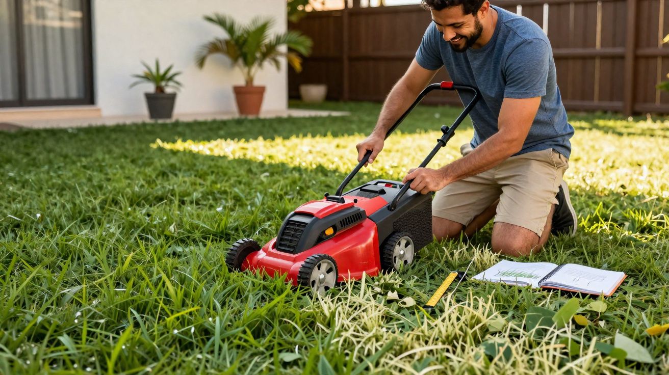 Homem cortando grama alta com cortador elétrico vermelho em jardim de casa durante dia ensolarado.
