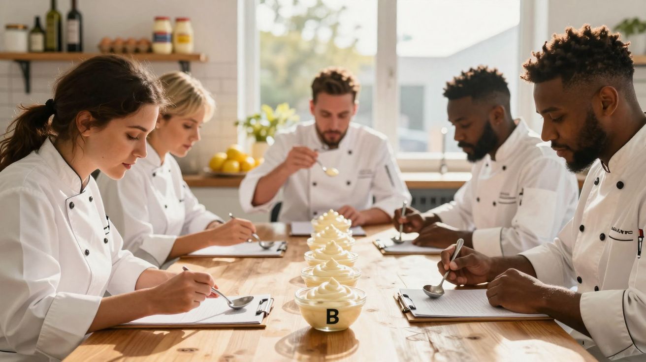 Chefs avaliando amostras de sobremesa em bancada de madeira dentro de cozinha iluminada.