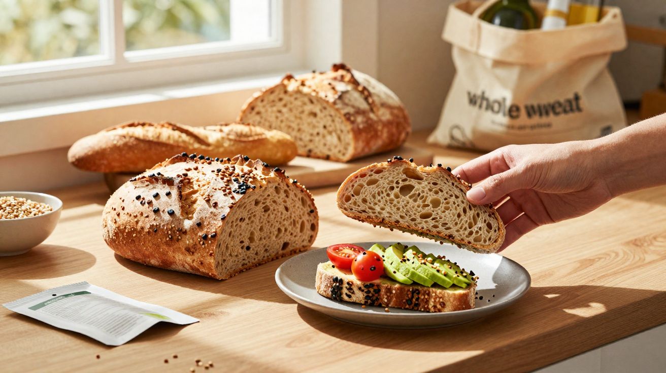 Mão segurando fatia de pão com gergelim sobre sanduíche com abacate e tomate em prato na mesa de madeira.