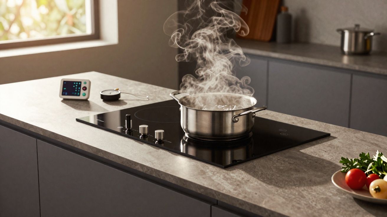 Panela de aço inox em cooktop preto com vapor saindo em cozinha moderna iluminada pela janela.