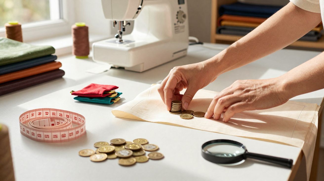 Mãos empilhando moedas sobre tecido com máquina de costura, fita métrica e lupa em mesa de trabalho.