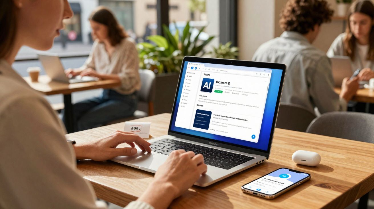 Pessoa usando laptop com site aberto em café, mostrando também um celular e fones sem fio na mesa.