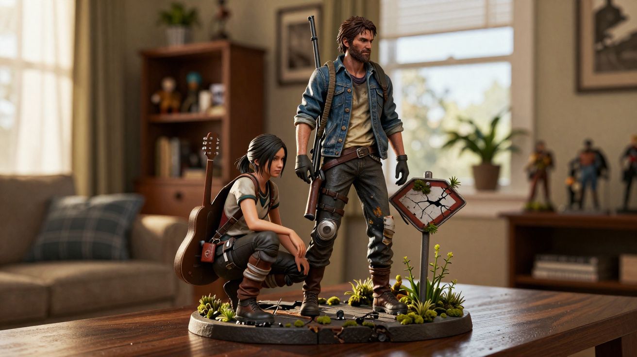 Miniaturas detalhadas de personagens de jogo em pose de alerta sobre base com plantas, dentro de sala com móveis.