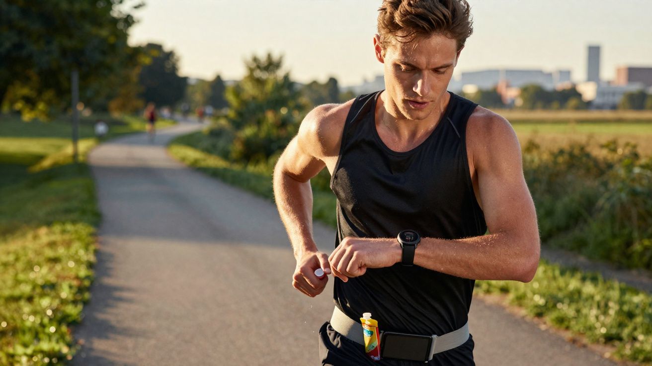 Homem correndo ao ar livre em trilha e olhando para relógio esportivo no pulso.