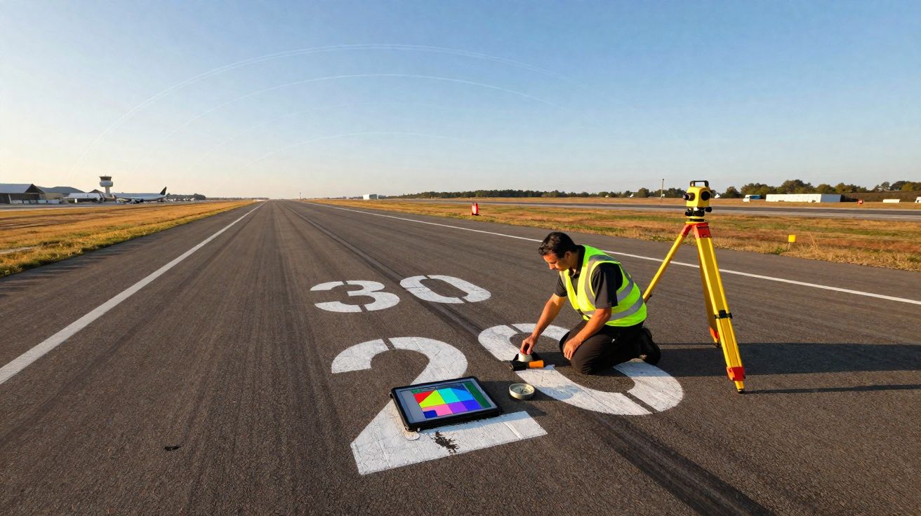 Homem com colete refletivo pinta número 20 no asfalto de uma pista de aeroporto durante o dia.