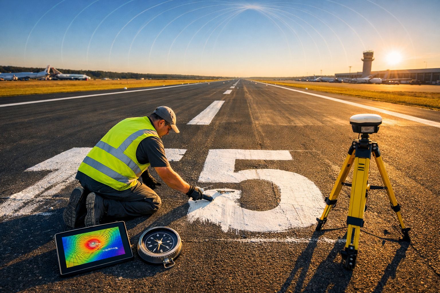 Homem com colete refletivo pinta número 15 na pista de aeroporto ao amanhecer, com equipamentos de medição ao redor.
