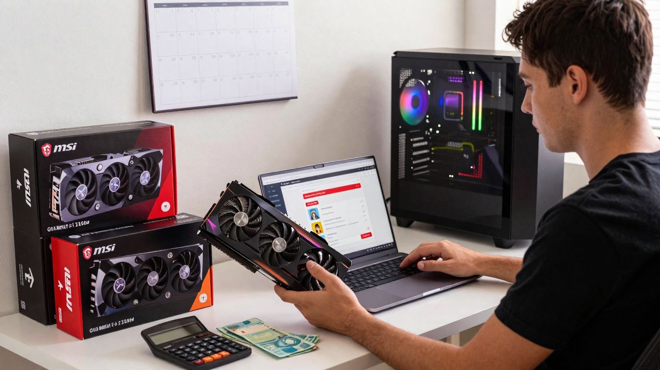 Homem verificando placa de vídeo MSI na mão, com computador, notebook, dinheiro e calculadora na mesa.